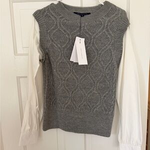 French Connection Gray Cable Knit Sweater with White Sleeves